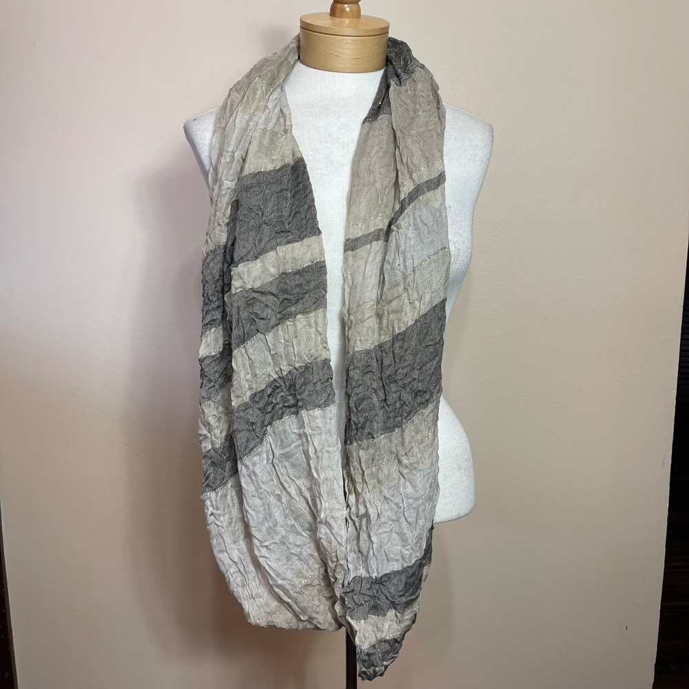 Calvin Klein Womens Grey Taupe Striped Infinity Scarf Metallic Gold CALKZ1647